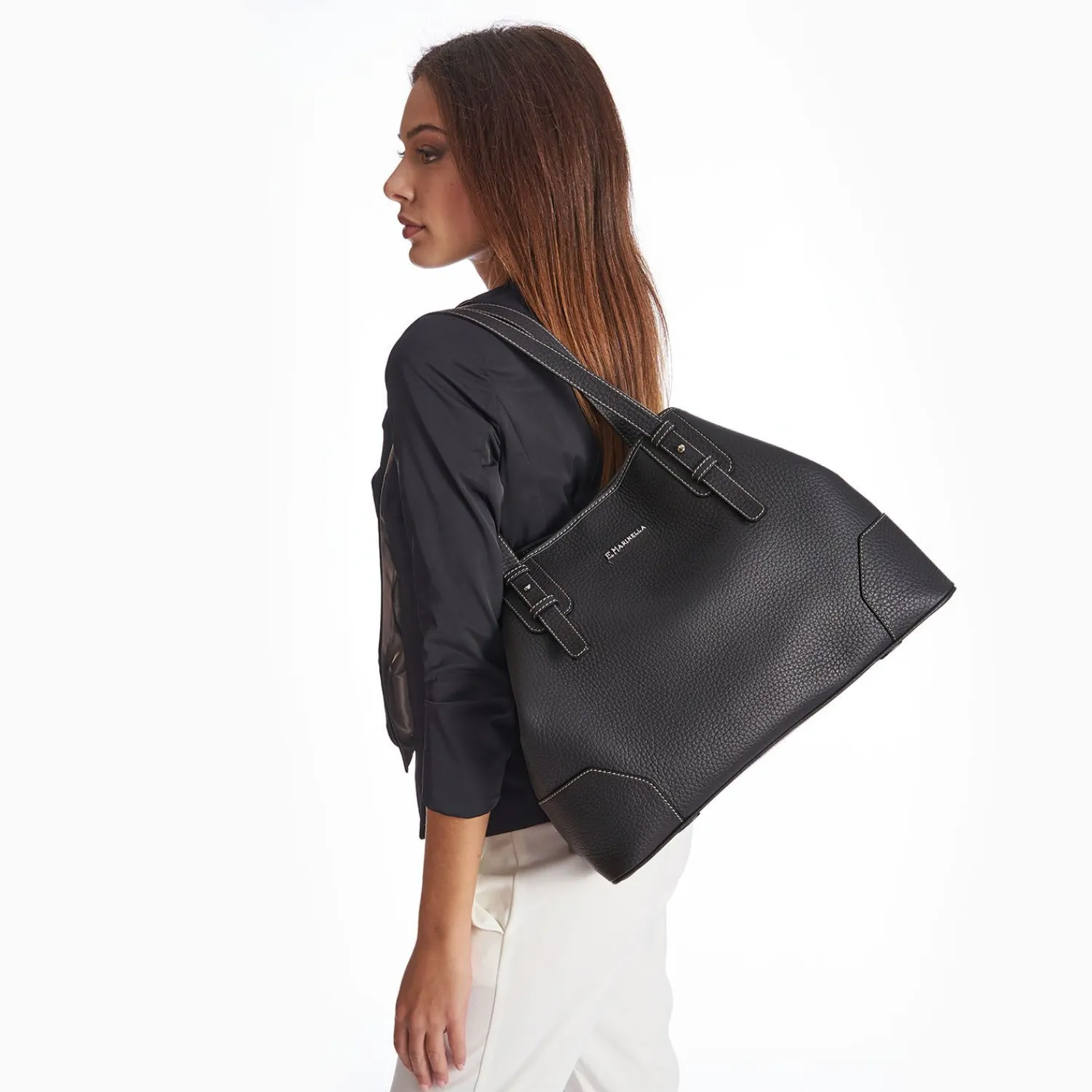 Black Textured Leather Tote Bag>E.Marinella New