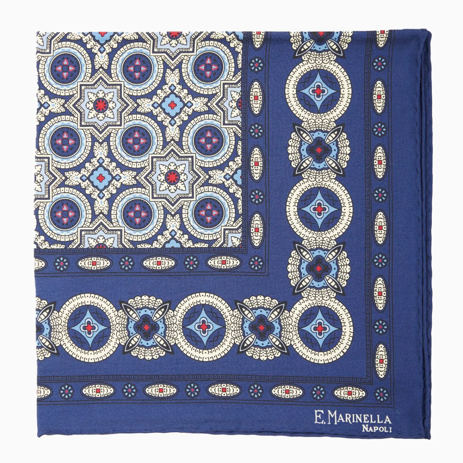 Blue Hand-Printed Silk Pocket Square - Large Flower Pattern>E.Marinella Outlet