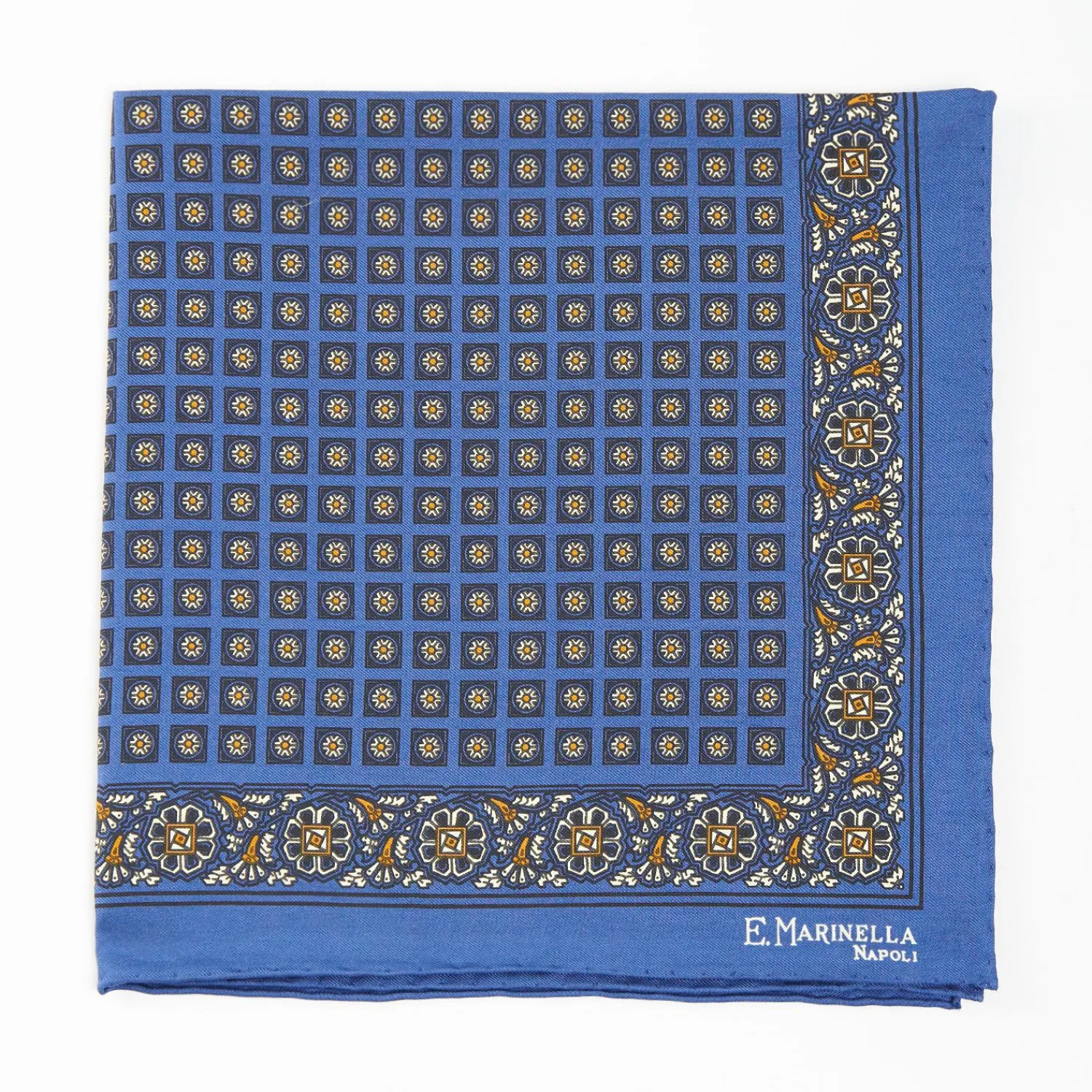 Blue Hand-Printed Silk Pocket Square Large Flower Pattern>E.Marinella Cheap
