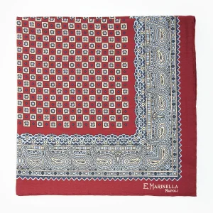 Burgundy Hand-Printed Silk Pocket Square Small Flower Pattern>E.Marinella Fashion