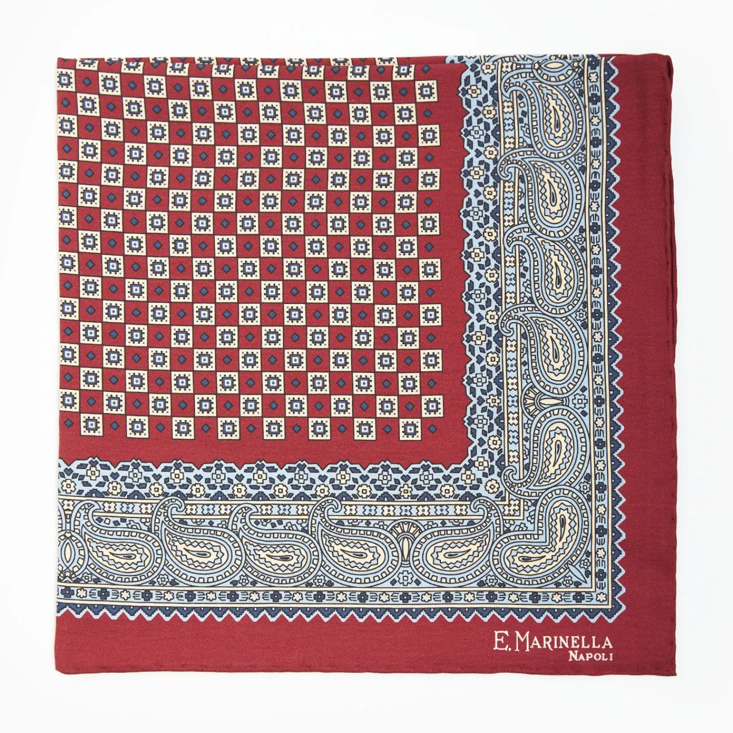 Burgundy Hand-Printed Silk Pocket Square Small Flower Pattern>E.Marinella Fashion