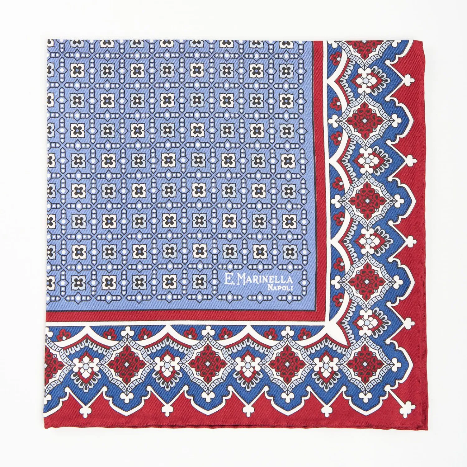 Burgundy Hand-Printed Silk Pocket Square Large Flower Pattern>E.Marinella Fashion