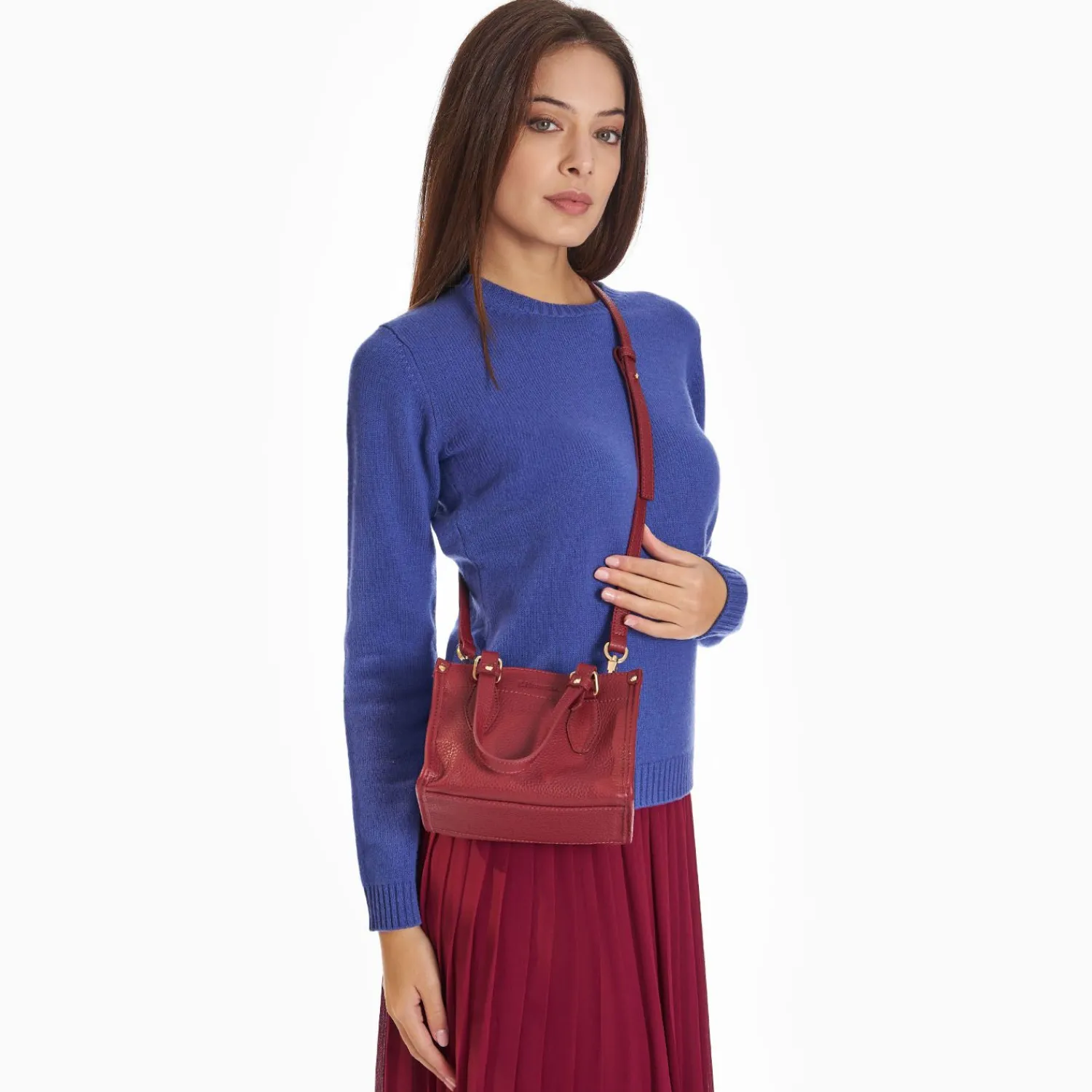 Burgundy Mini Shopping Bag In Hammered Leather>E.Marinella Outlet