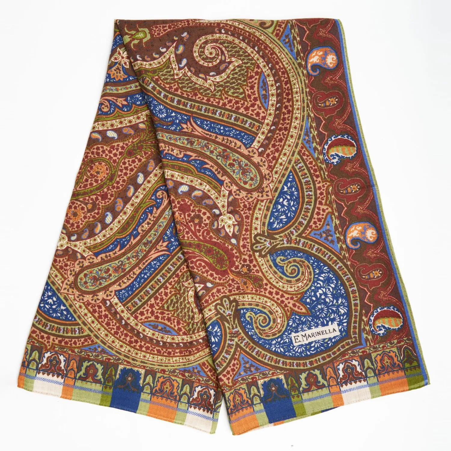 Camel And Bluette Wool Stole - Damask Pattern>E.Marinella Shop