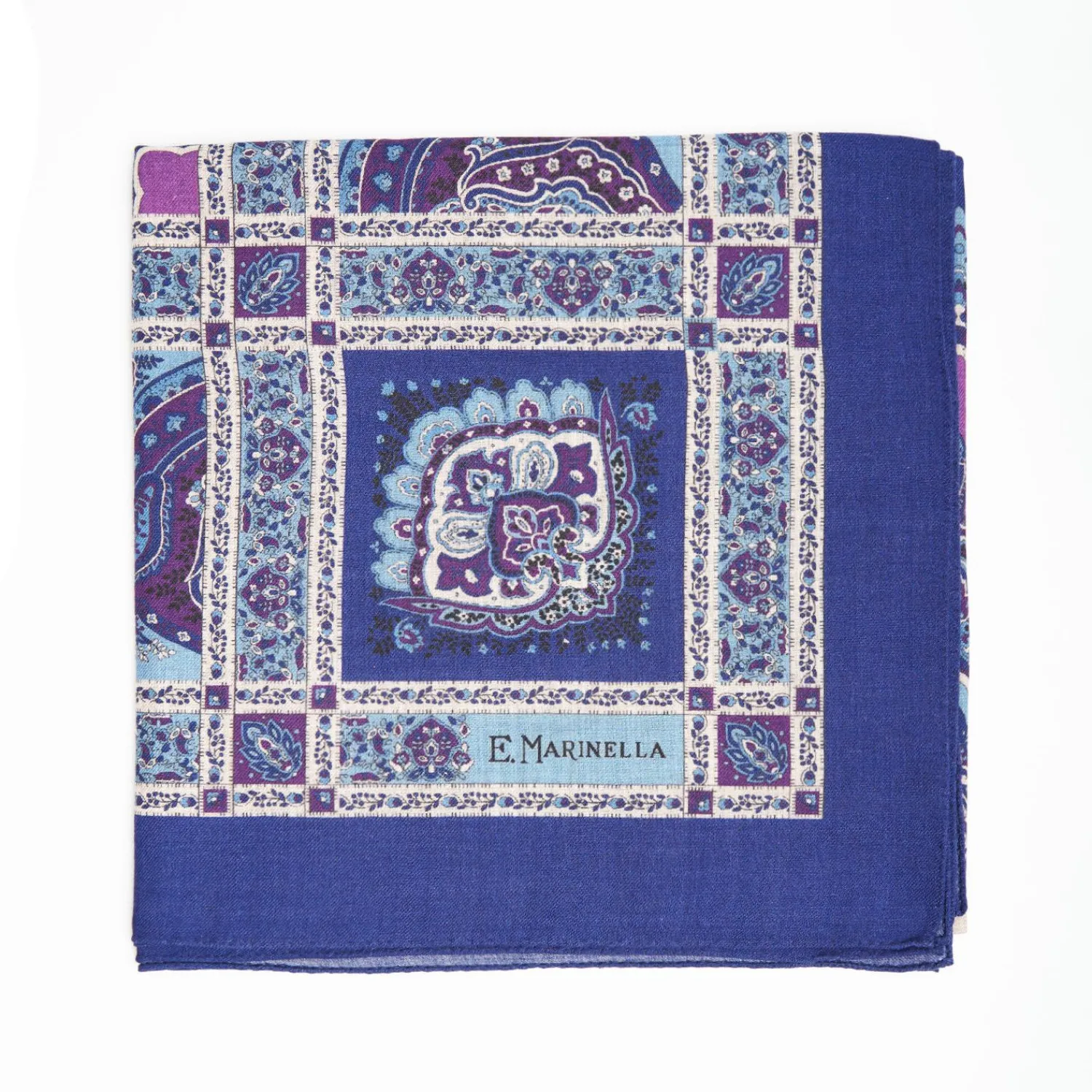 Dark And Blue Wool Stole - Floral Pattern>E.Marinella Store