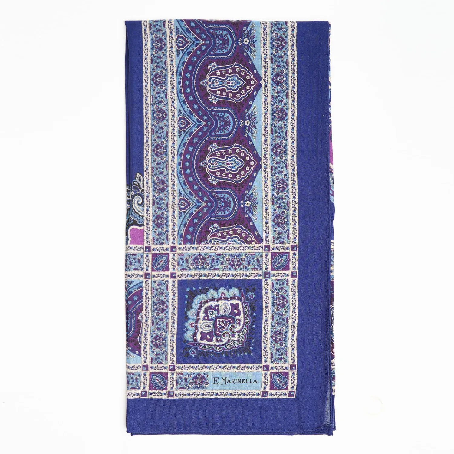 Dark And Blue Wool Stole - Floral Pattern>E.Marinella Store