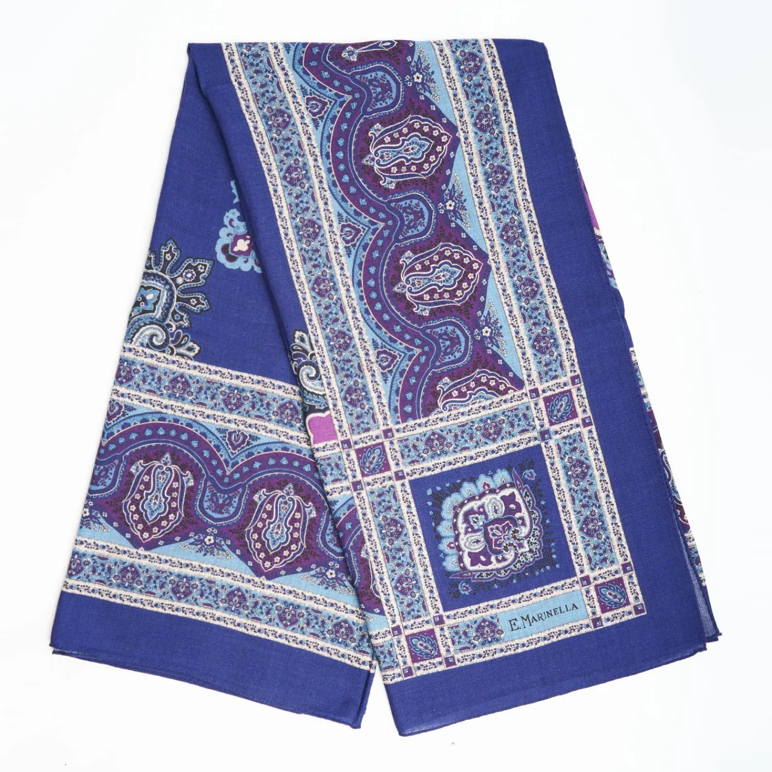 Dark And Blue Wool Stole - Floral Pattern>E.Marinella Store