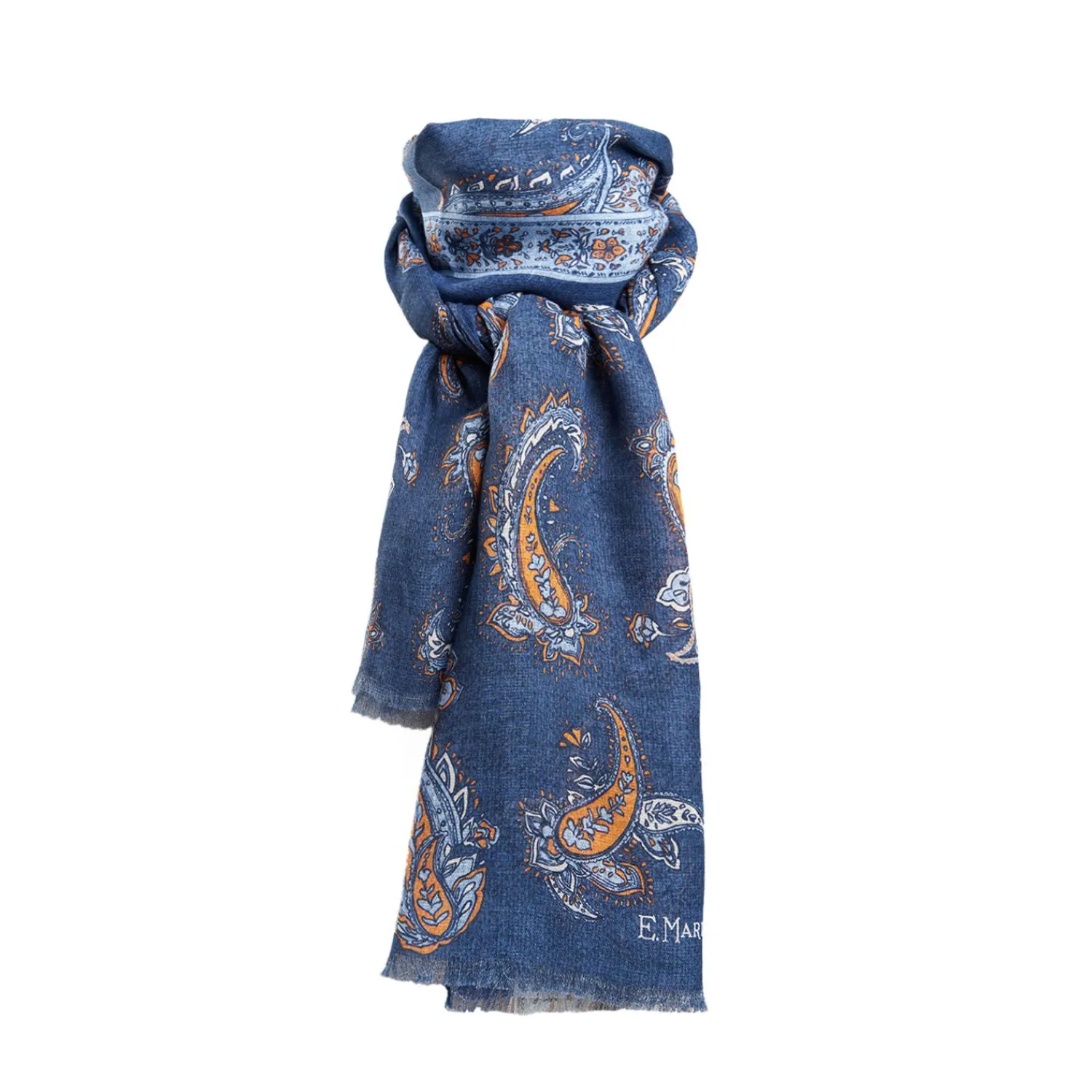 Dark Blue Cotton And Linen Scarf - Paisley Pattern>E.Marinella Cheap