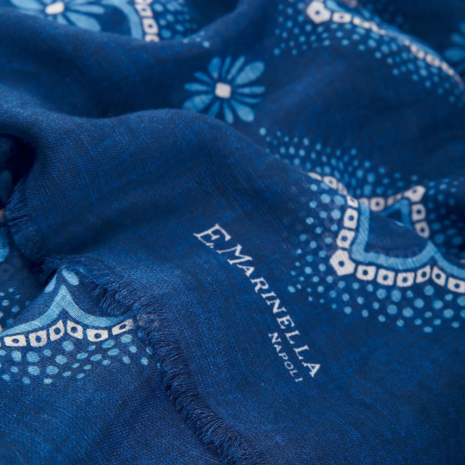 Dark Blue Cotton And Linen Scarf - Light Blue Macro Flowers>E.Marinella Hot
