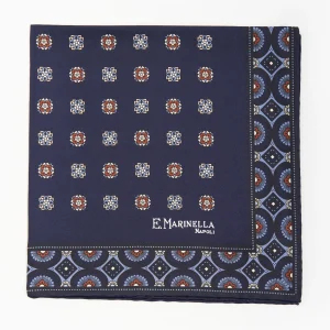 Dark Blue Hand-Printed Silk Pocket Square Large Flower Pattern>E.Marinella Best Sale