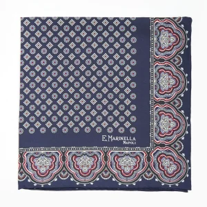 Dark Blue Hand-Printed Silk Pocket Square Small Flower Pattern>E.Marinella Clearance