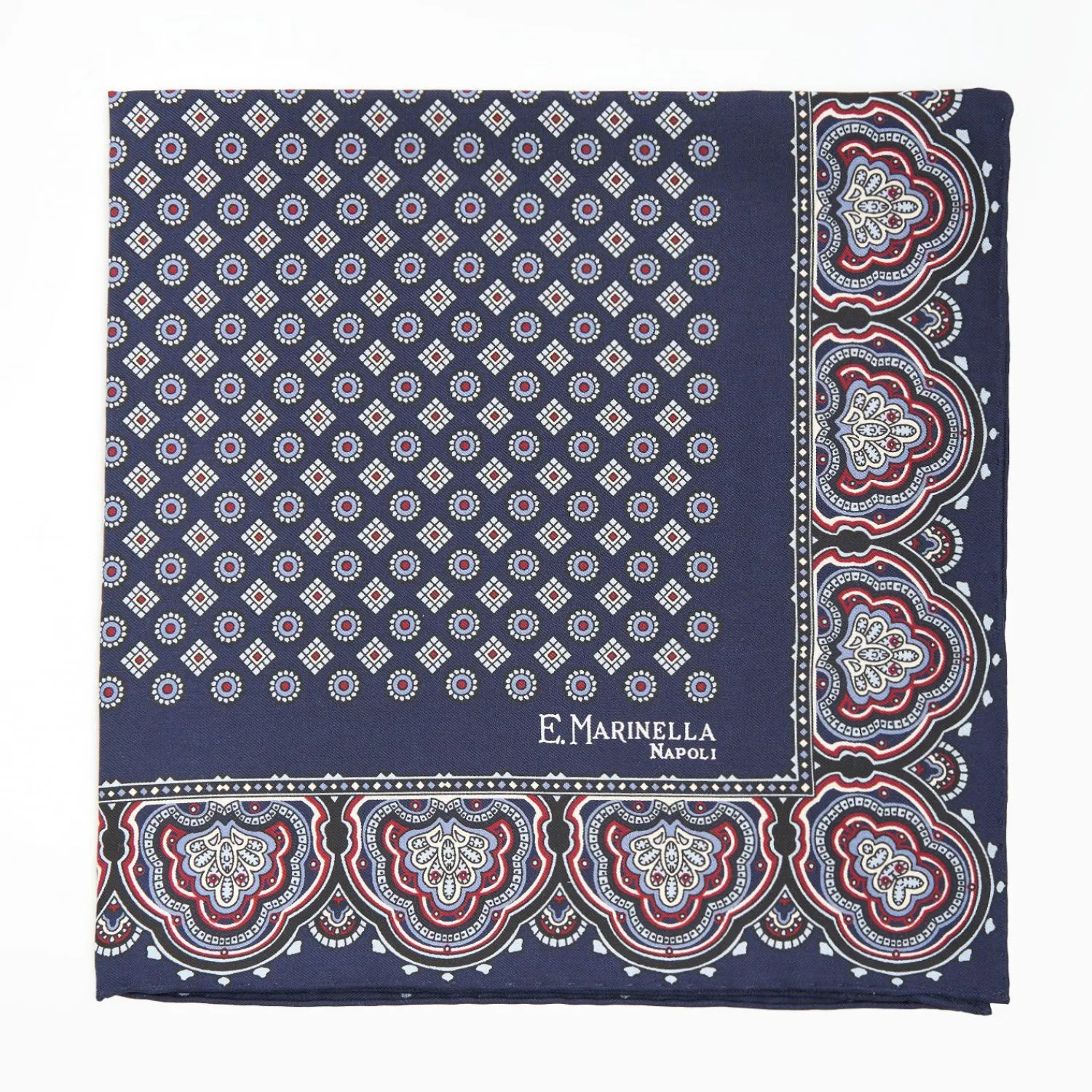 Dark Blue Hand-Printed Silk Pocket Square Small Flower Pattern>E.Marinella Clearance