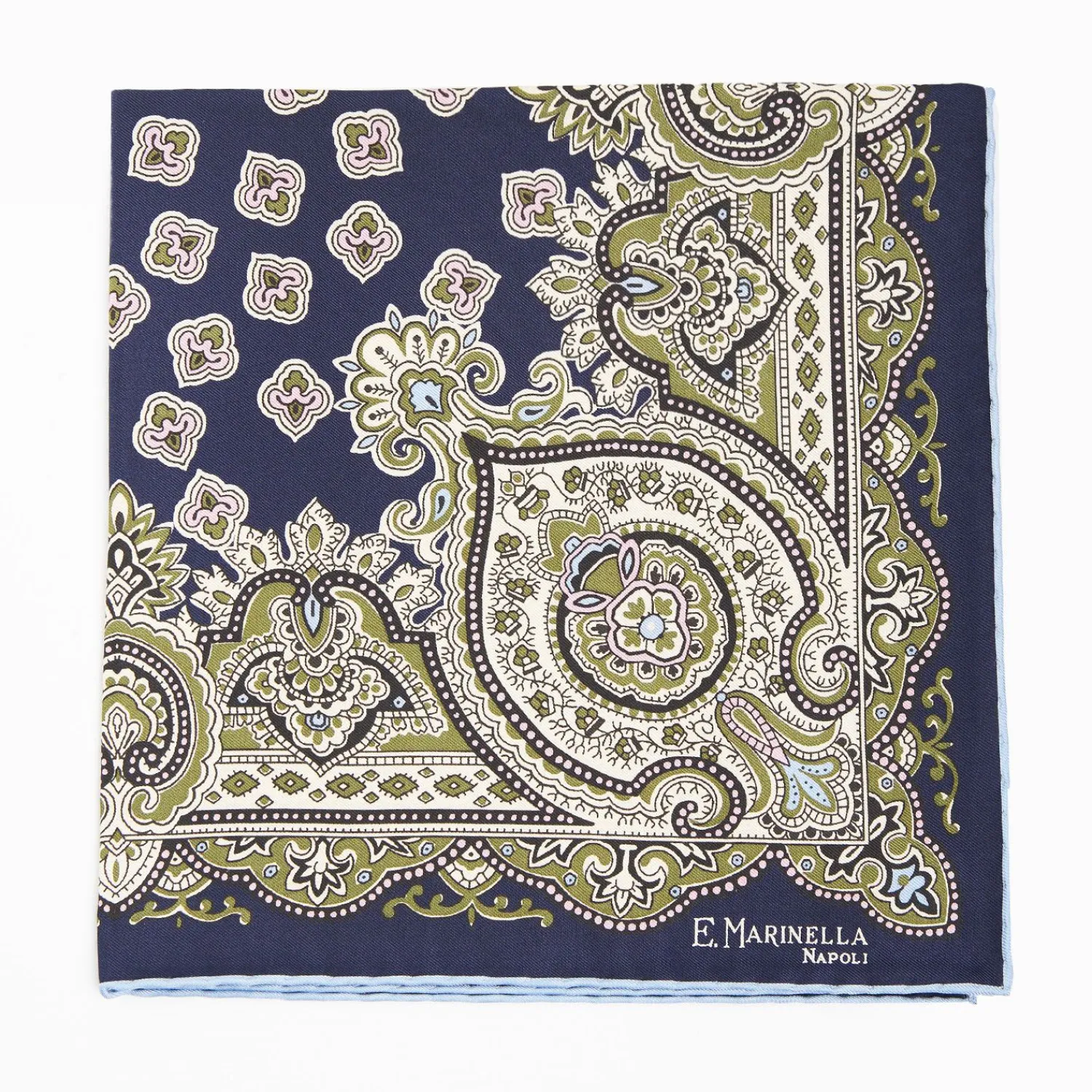 Dark Blue Hand-Printed Silk Pocket Square Large Flower Pattern>E.Marinella Store