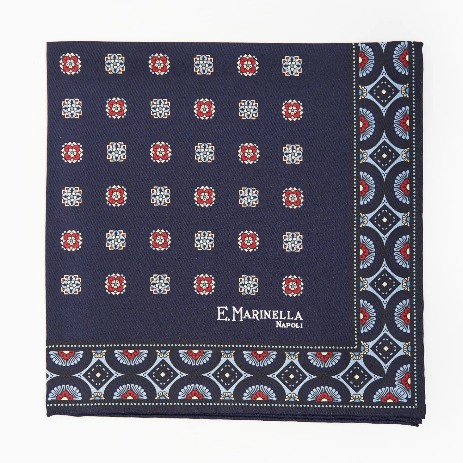 Dark Blue Hand-Printed Silk Pocket Square Large Flower Pattern>E.Marinella Cheap