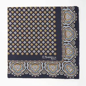 Dark Blue Hand-Printed Silk Pocket Square Large Flower Pattern>E.Marinella Fashion