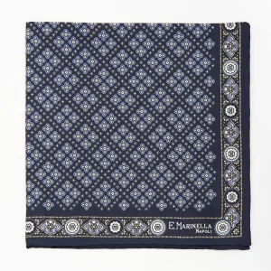 Dark Blue Hand-Printed Silk Pocket Square Large Flower Pattern>E.Marinella Discount