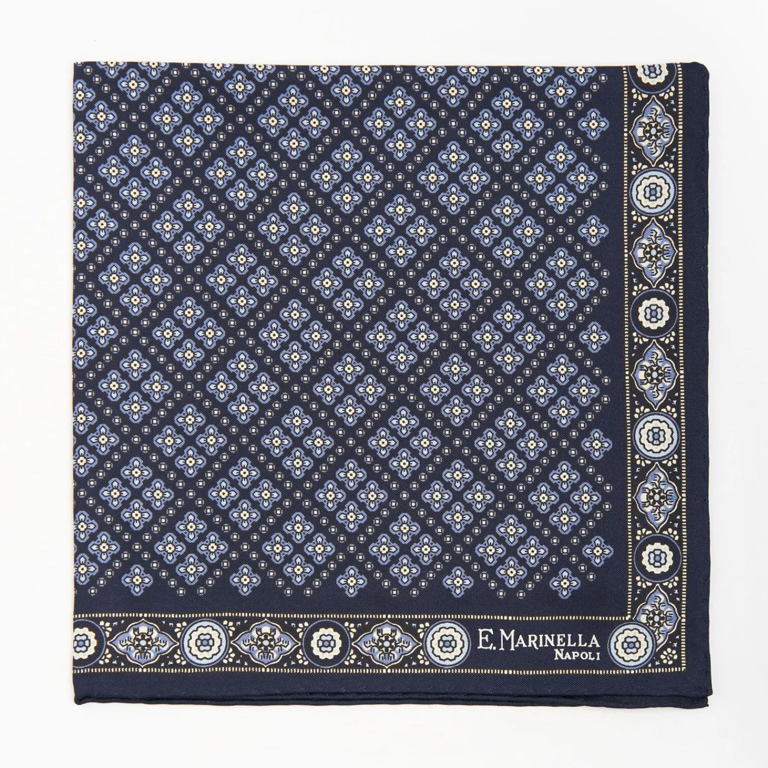 Dark Blue Hand-Printed Silk Pocket Square Large Flower Pattern>E.Marinella Discount