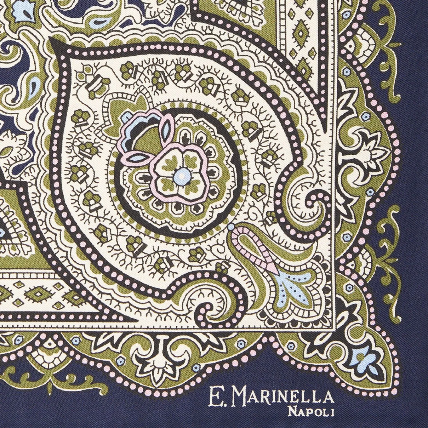 Dark Blue Hand-Printed Silk Pocket Square Large Flower Pattern>E.Marinella Store