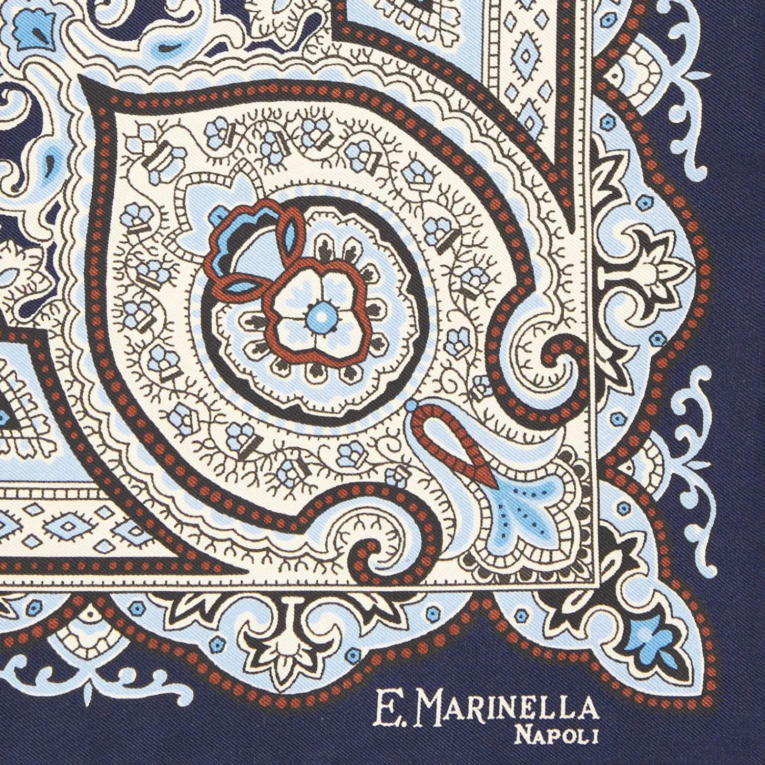 Dark Blue Hand-Printed Silk Pocket Square Large Flower Pattern>E.Marinella Best
