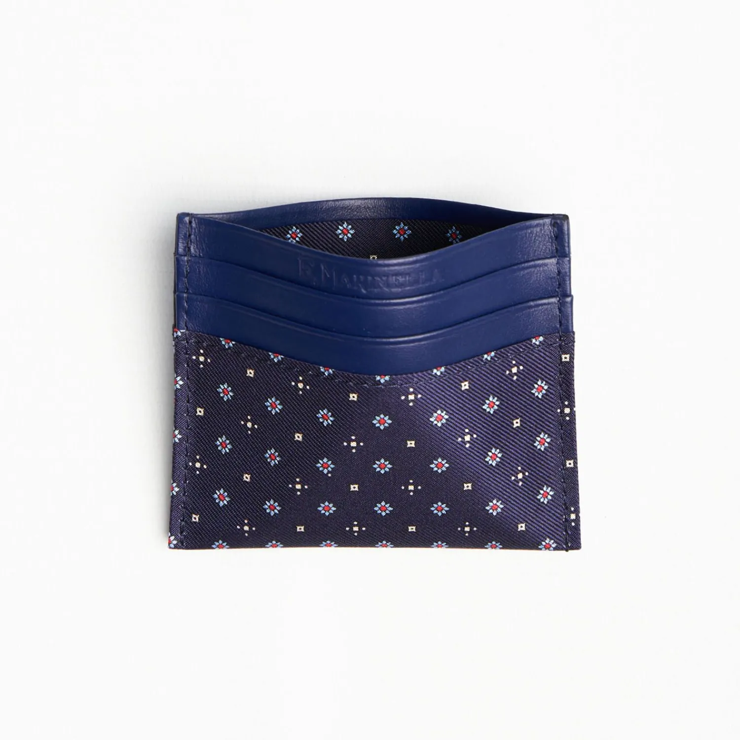 Dark Blue Leather And Silk Credit Card Holder 5 Compartments>E.Marinella Online