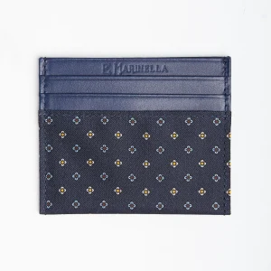 Dark Blue Silk And Leather Credit Card Holder - 5 Compartments>E.Marinella Store