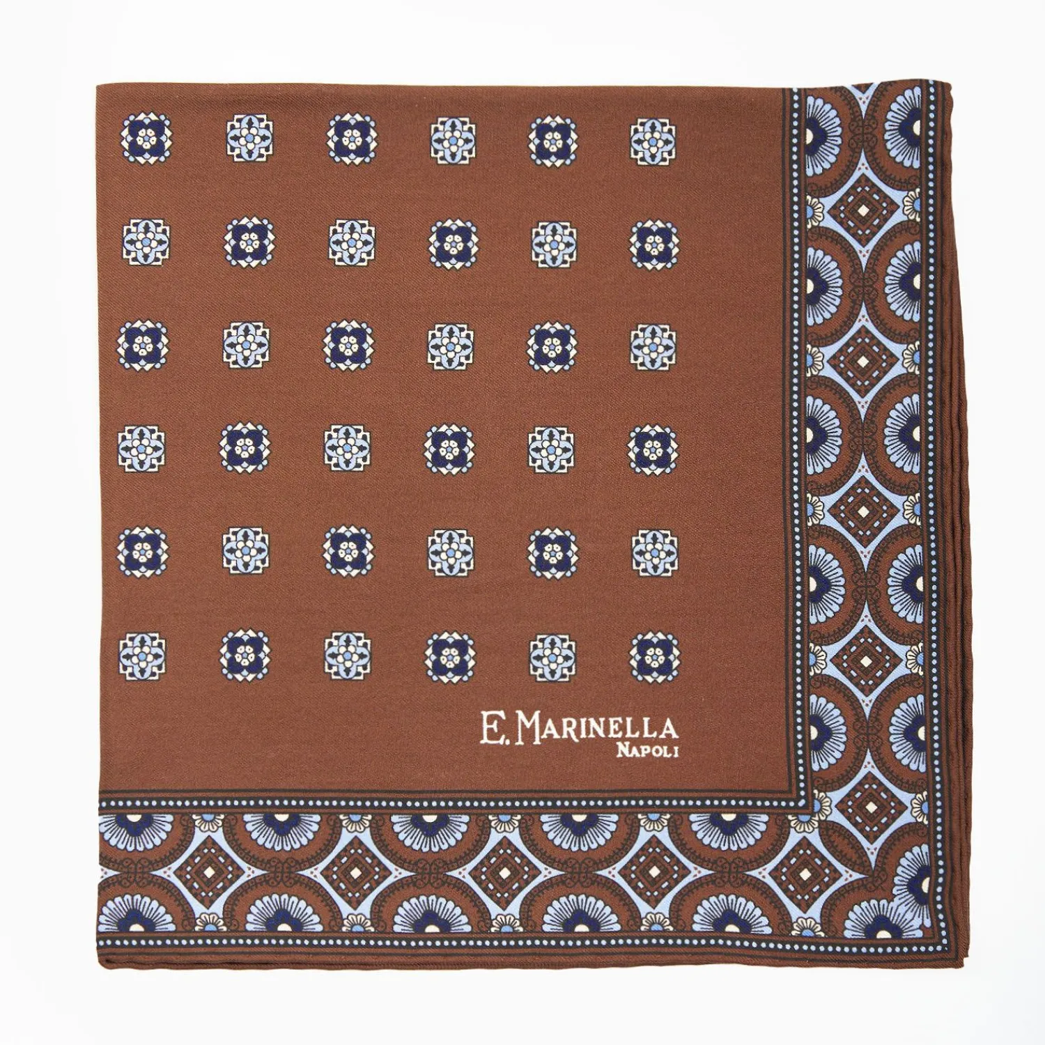 Dark Brown Hand-Printed Silk Pocket Square Large Flower Pattern>E.Marinella Sale