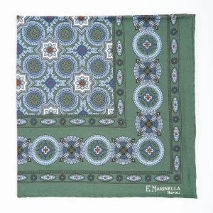 Dark Green Hand-Printed Silk Pocket Square - Large Flower Pattern>E.Marinella Cheap