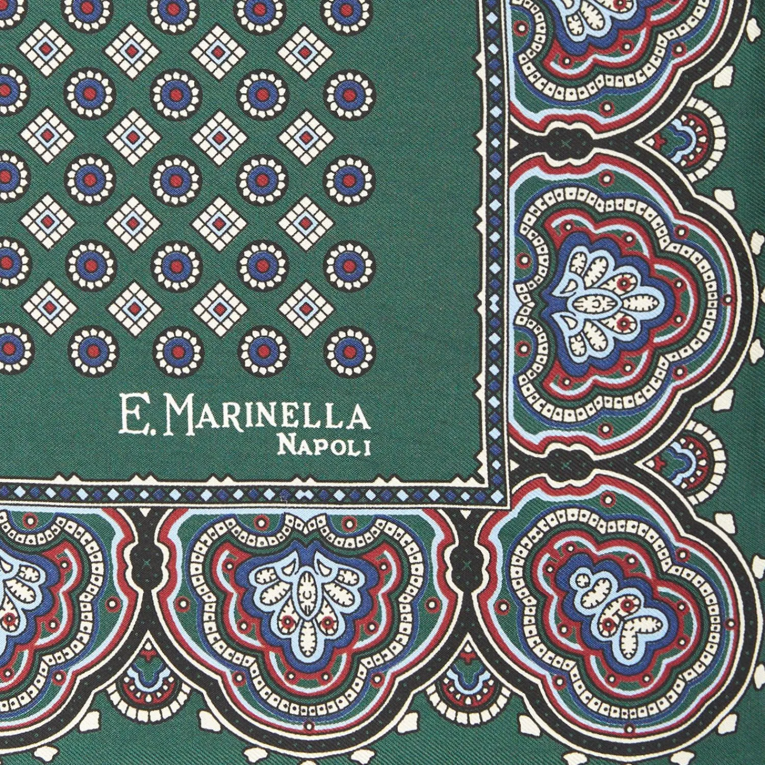 Dark Green Hand-Printed Silk Pocket Square Small Flower Pattern>E.Marinella Outlet