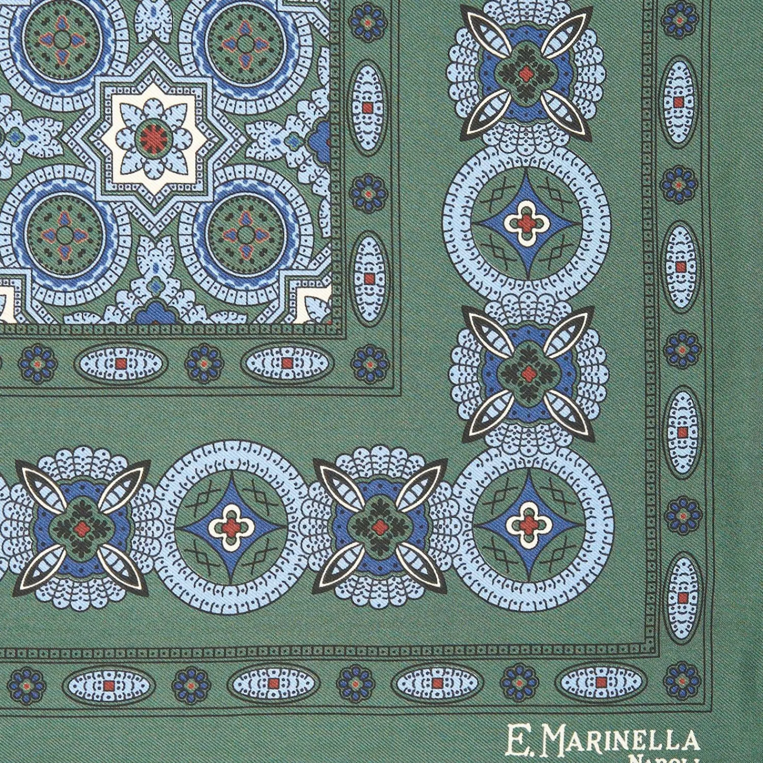 Dark Green Hand-Printed Silk Pocket Square - Large Flower Pattern>E.Marinella Cheap