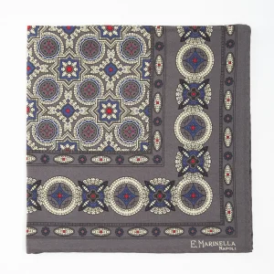 Dark Grey Hand-Printed Silk Pocket Square Large Flower Pattern>E.Marinella Online