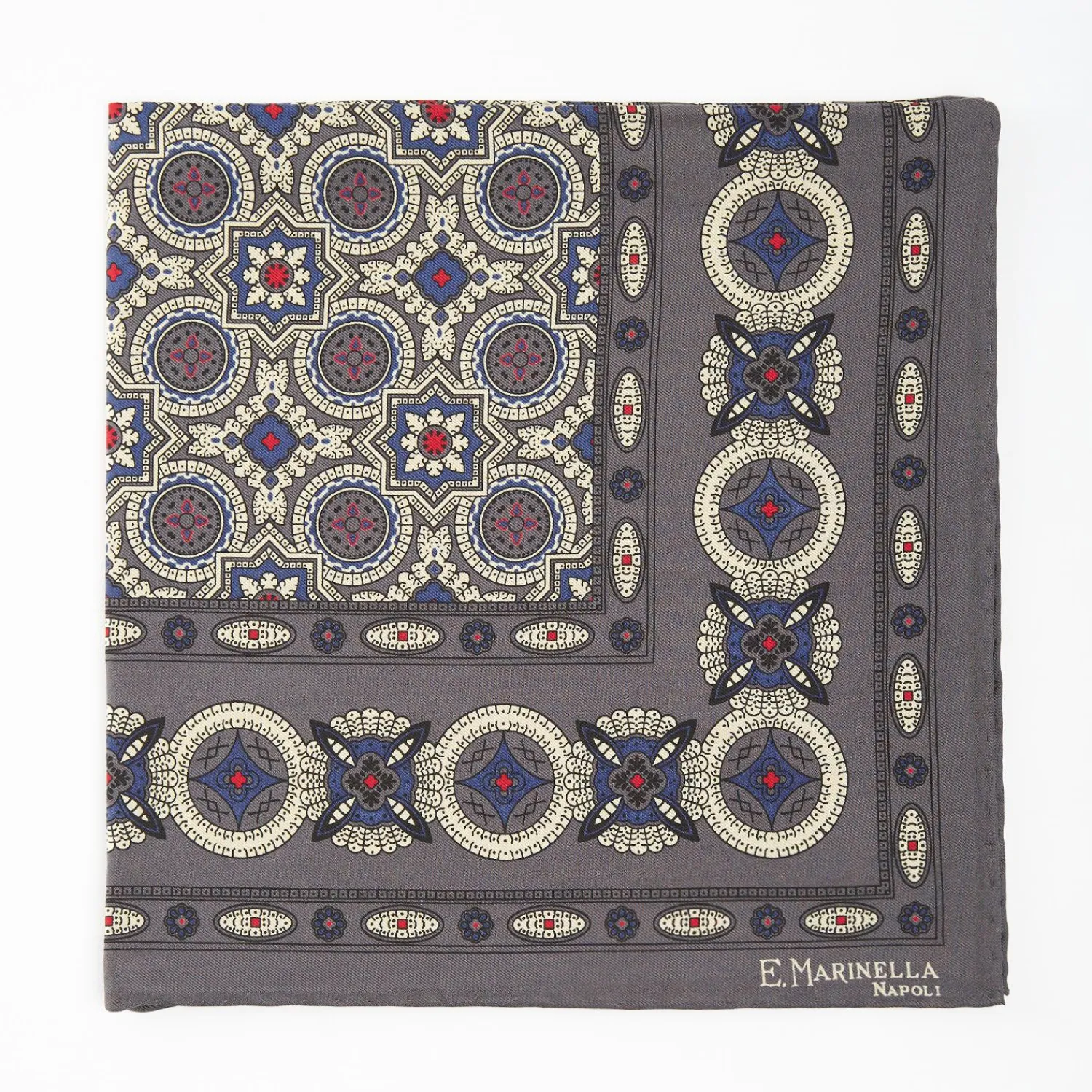 Dark Grey Hand-Printed Silk Pocket Square Large Flower Pattern>E.Marinella Online