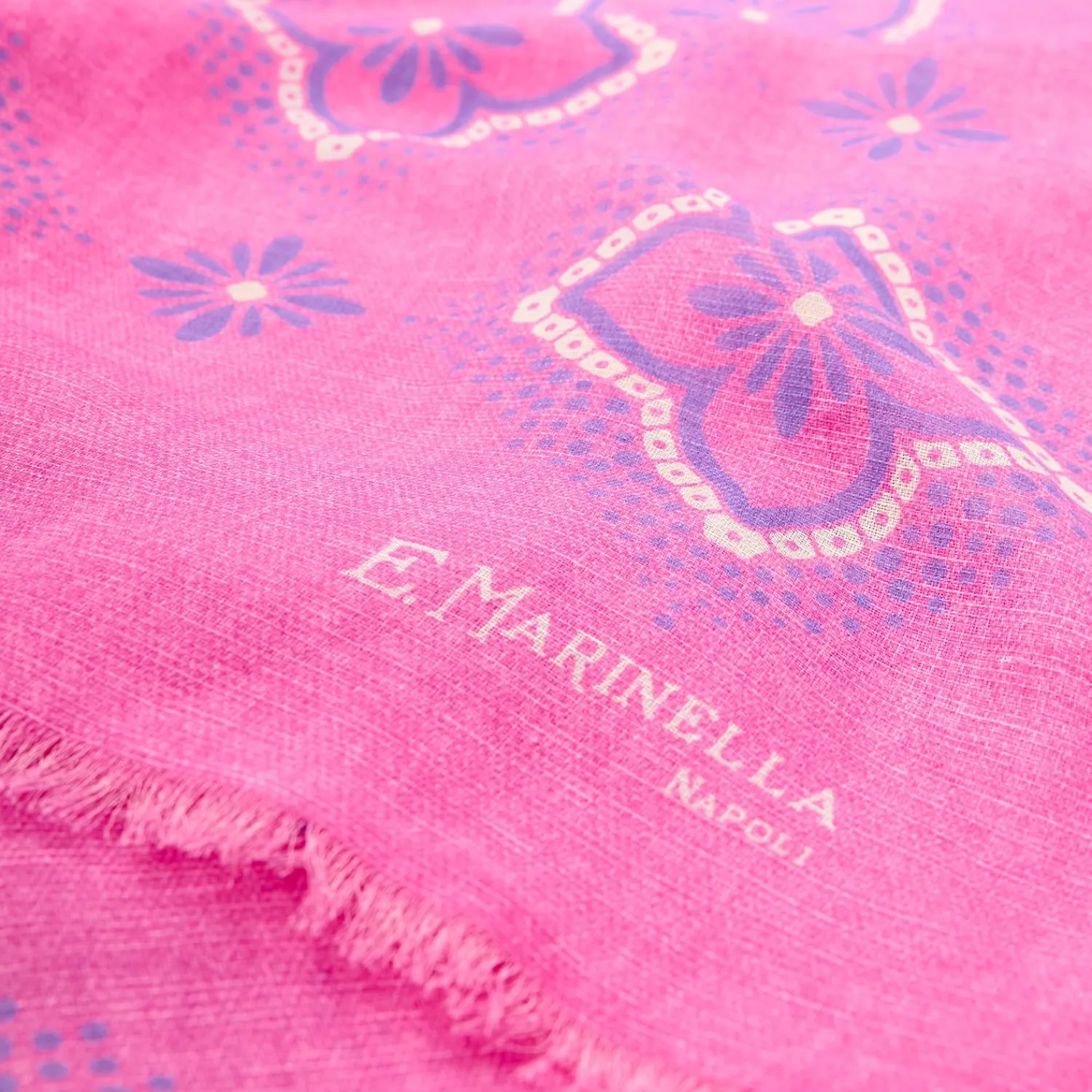 Fucsia Cotton And Linen Scarf - Blue Macro Flowers>E.Marinella Store