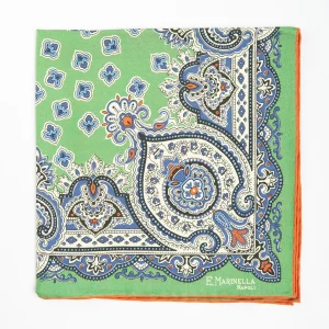 Green Hand-Printed Silk Pocket Square - Large Flower Pattern>E.Marinella Best Sale
