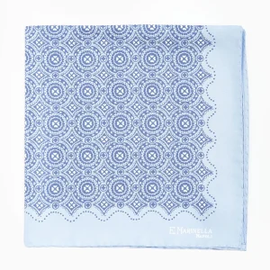 Light Blue Hand-Printed Silk Pocket Square Large Flower Pattern>E.Marinella Best