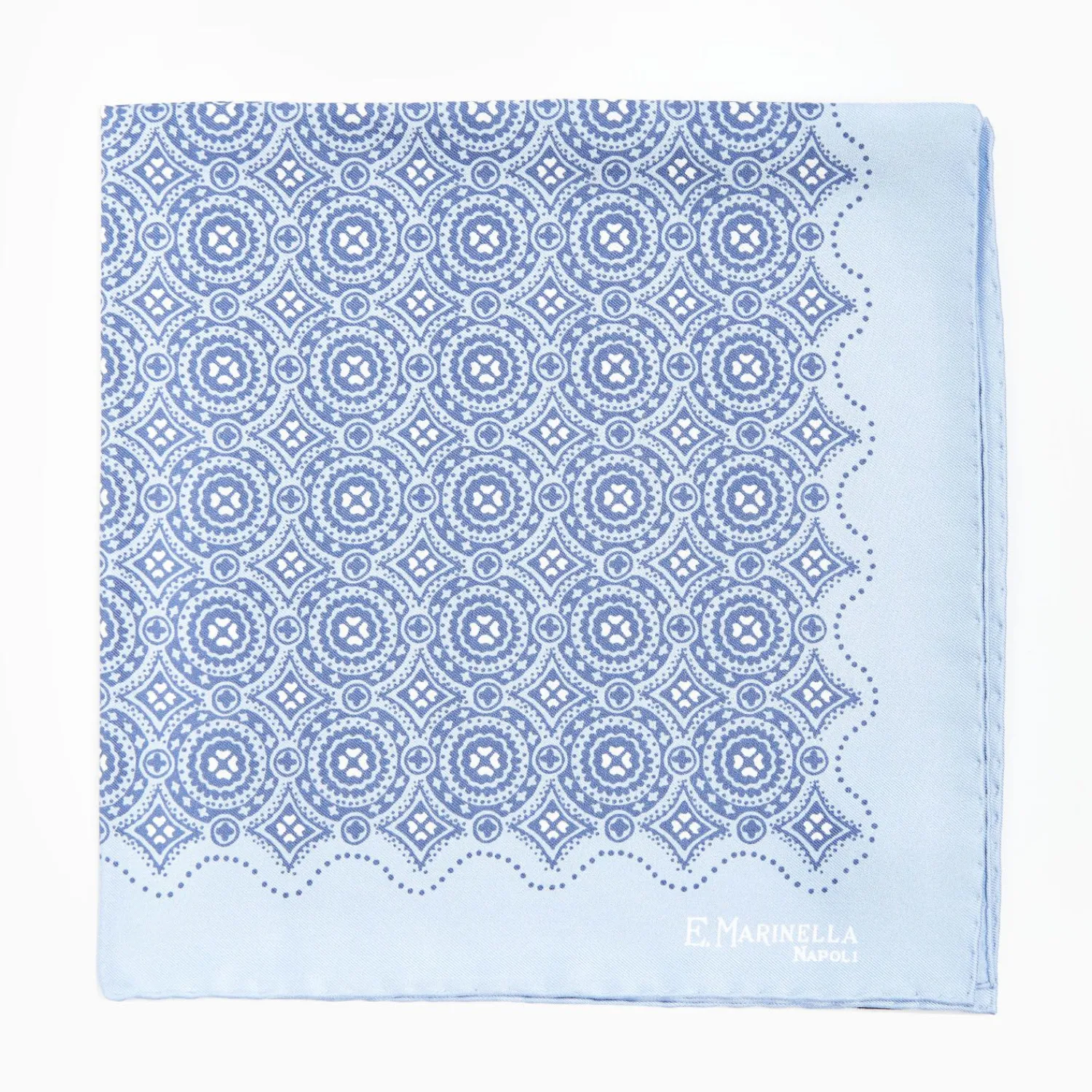 Light Blue Hand-Printed Silk Pocket Square Large Flower Pattern>E.Marinella Best