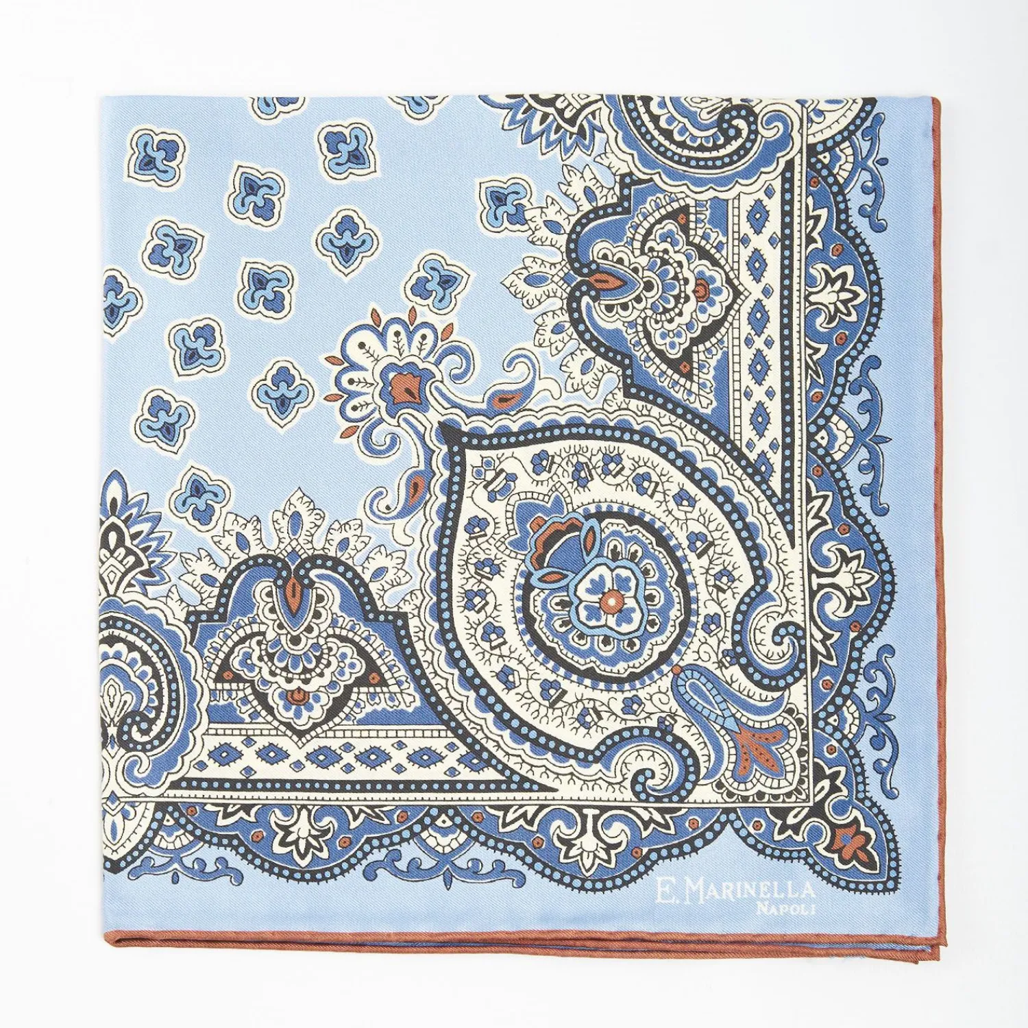 Light Blue Hand-Printed Silk Pocket Square - Large Flower Pattern>E.Marinella Sale
