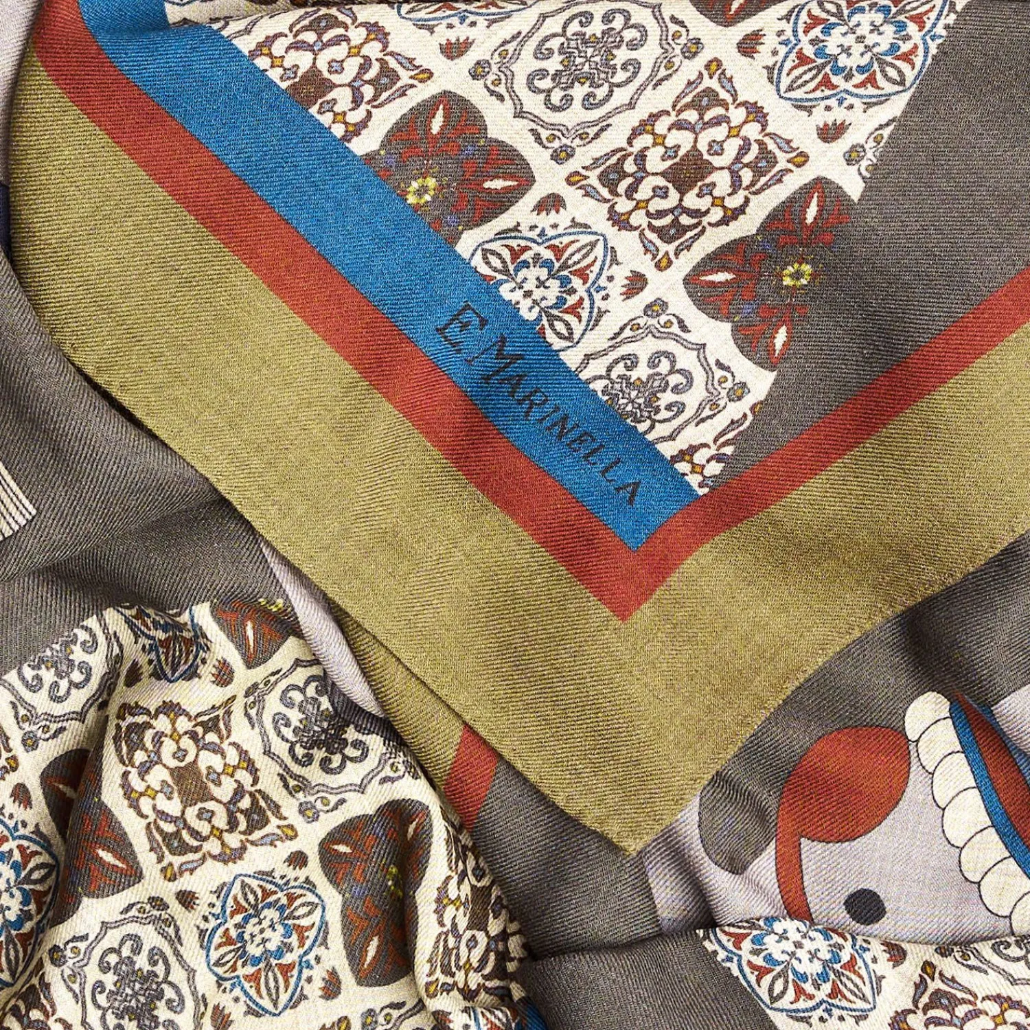 Light Green And Gray Wide Wool Scarf - Ethnic Pattern>E.Marinella Online