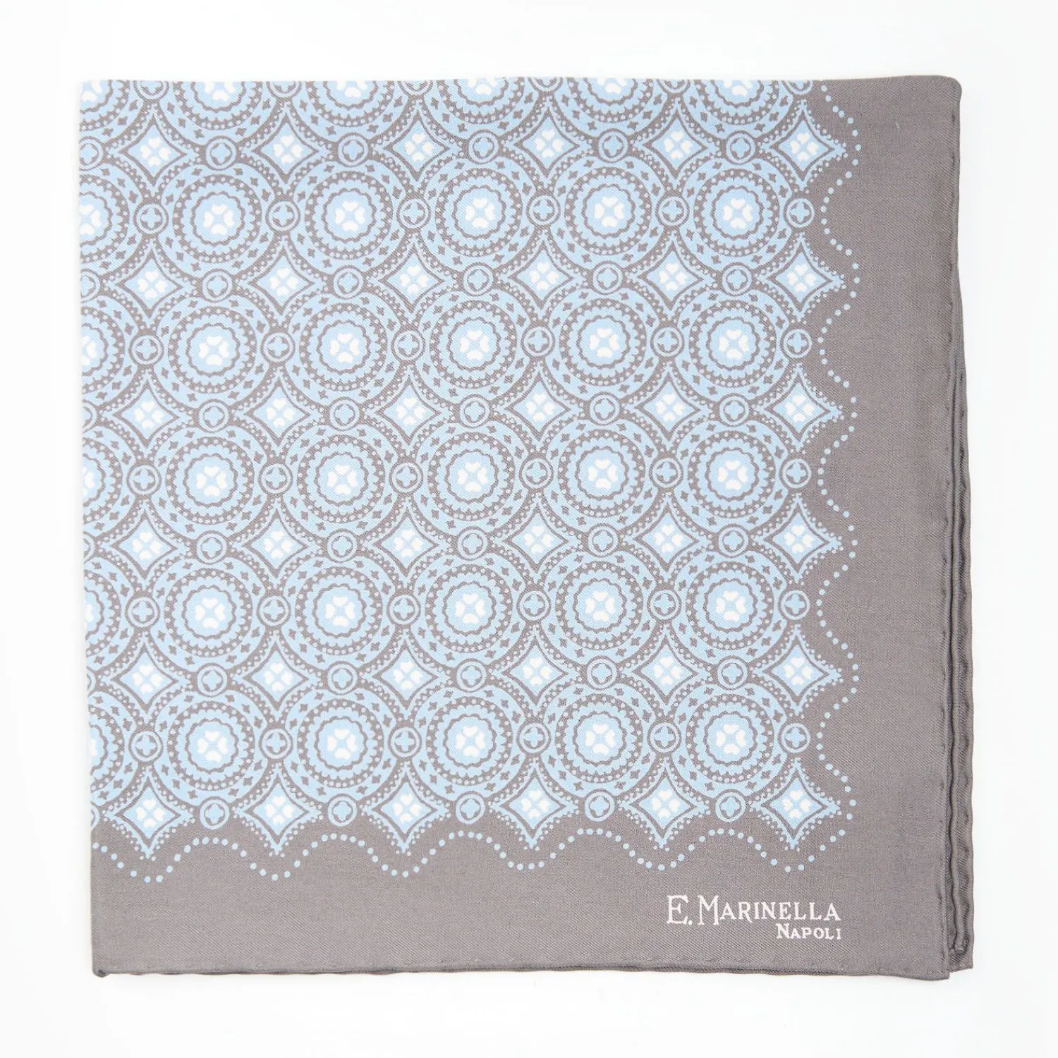 Light Grey Hand-Printed Silk Pocket Square Large Flower Pattern>E.Marinella Store