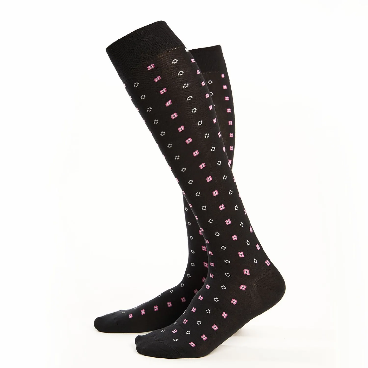 Long Black Cotton Socks - Small Flower Pattern>E.Marinella Store