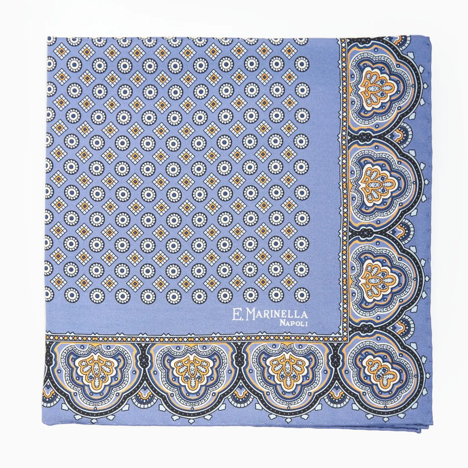 Mid Blue Hand-Printed Silk Pocket Square Small Flower Pattern>E.Marinella Clearance