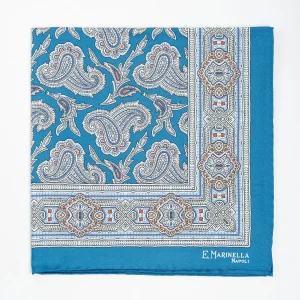 Mid Blue Hand-Printed Silk Pocket Square - Paisley Pattern>E.Marinella Best