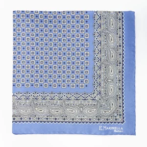Mid Blue Hand-Printed Silk Pocket Square Small Flower Pattern>E.Marinella Hot