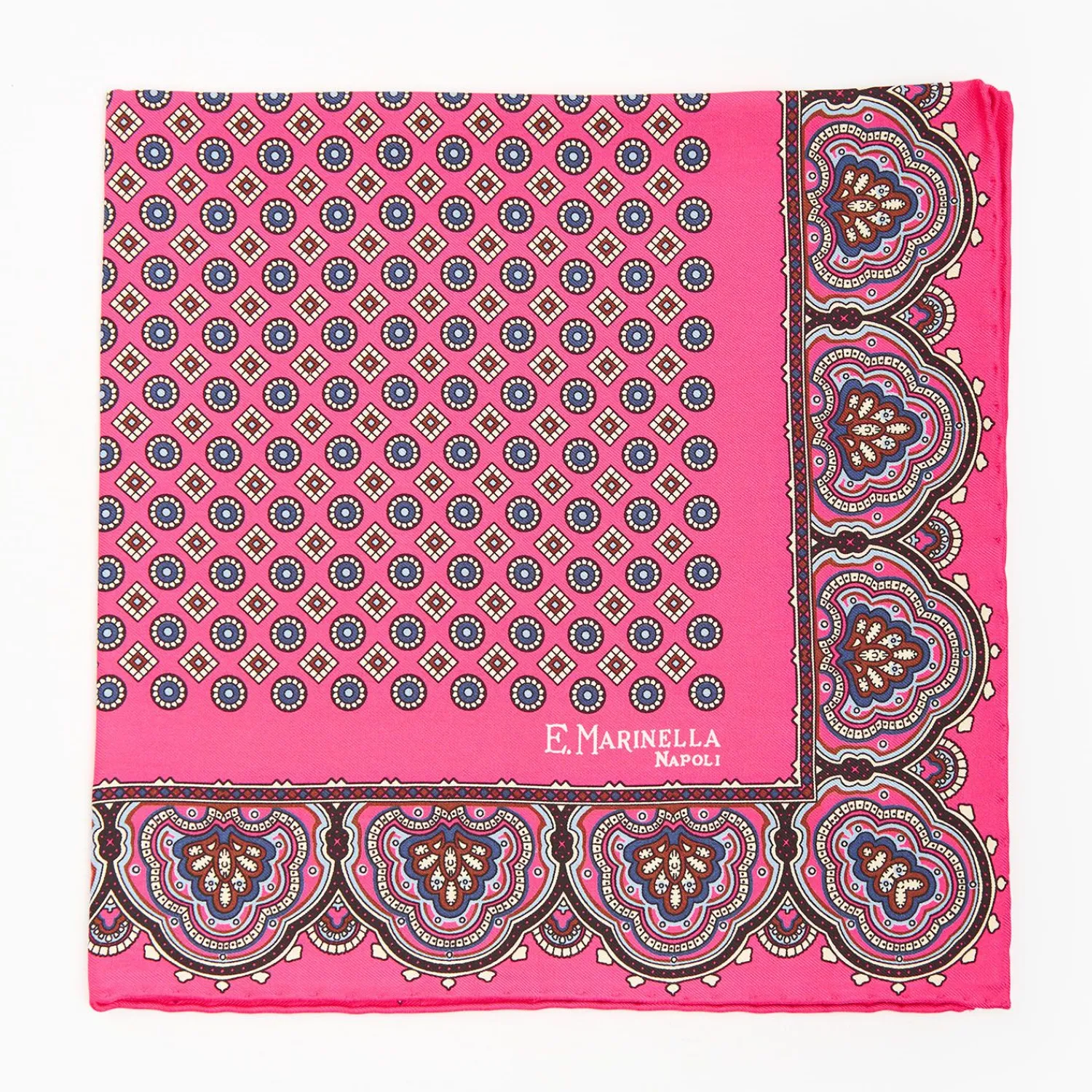 Pink Hand-Printed Silk Pocket Square Large Flower Pattern>E.Marinella Online