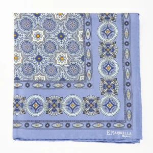 Powder Blue Hand-Printed Silk Pocket Square Large Flower Pattern>E.Marinella Clearance