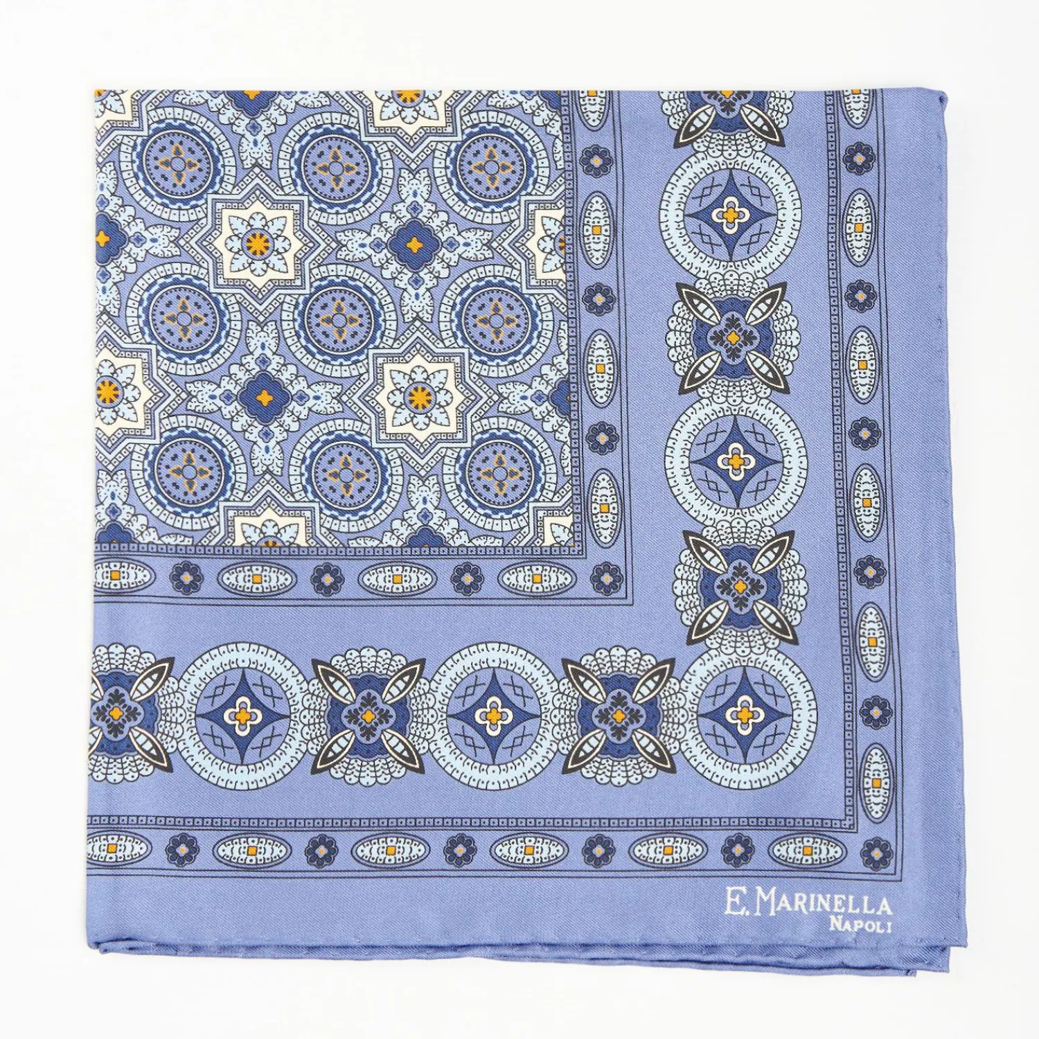 Powder Blue Hand-Printed Silk Pocket Square Large Flower Pattern>E.Marinella Clearance