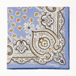 Powder Blue Hand-Printed Silk Pocket Square - Large Flower Pattern>E.Marinella Shop