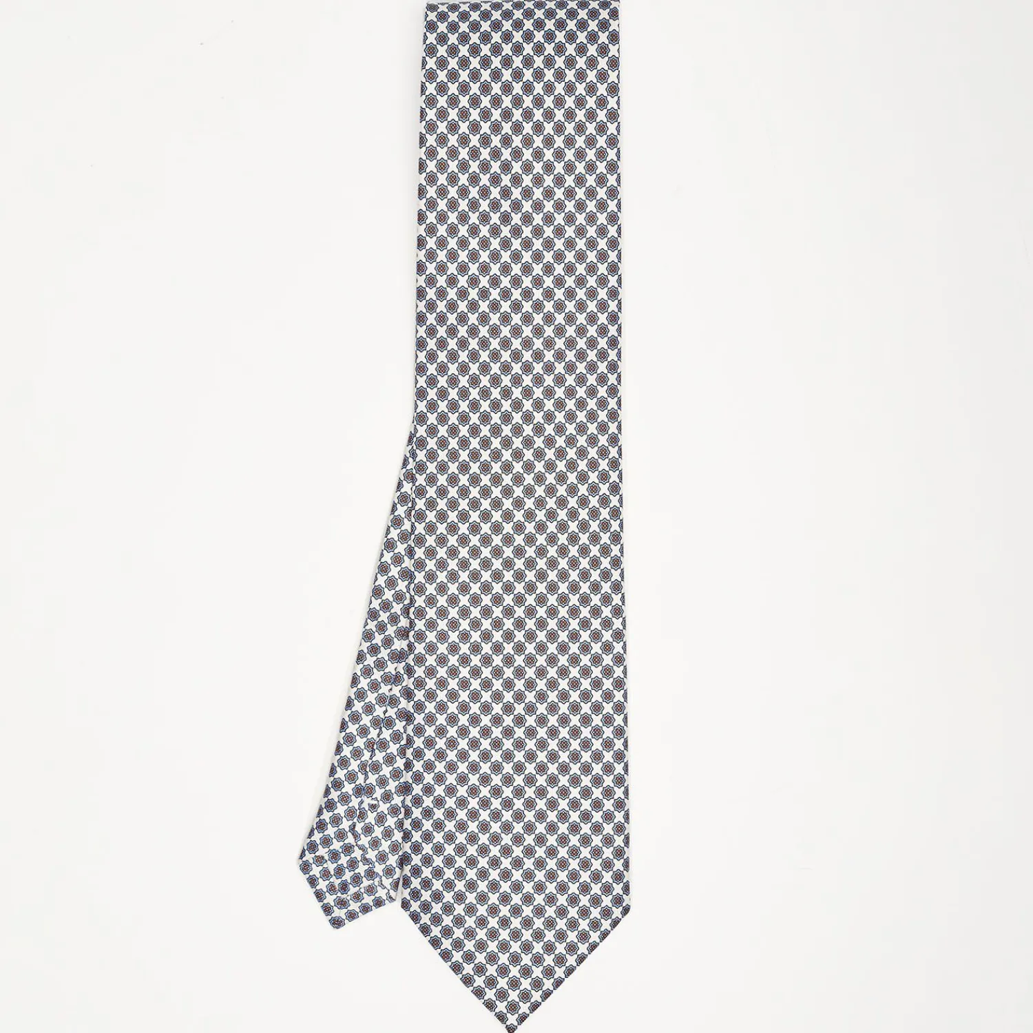 White Extra Long Sartorial Silk Tie - Small Flower Pattern>E.Marinella New
